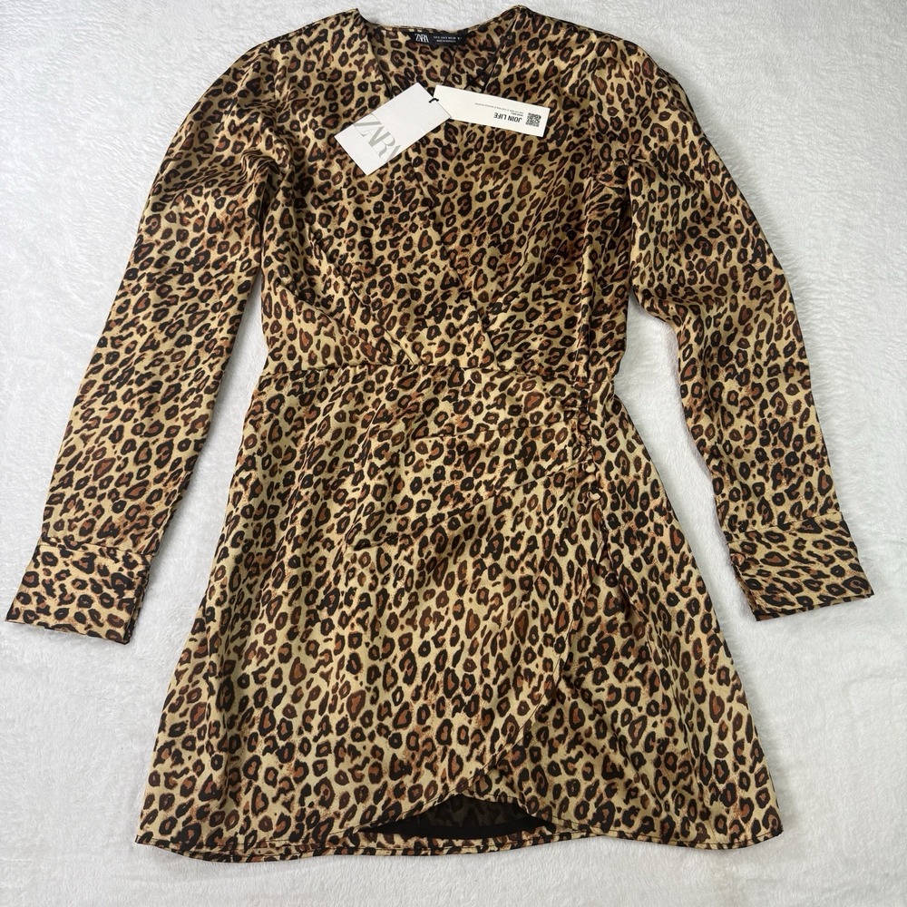 ZARA Satin Effect Leopard Print Wrap Dress V-Neck Long Sleeve Mini Womens Small